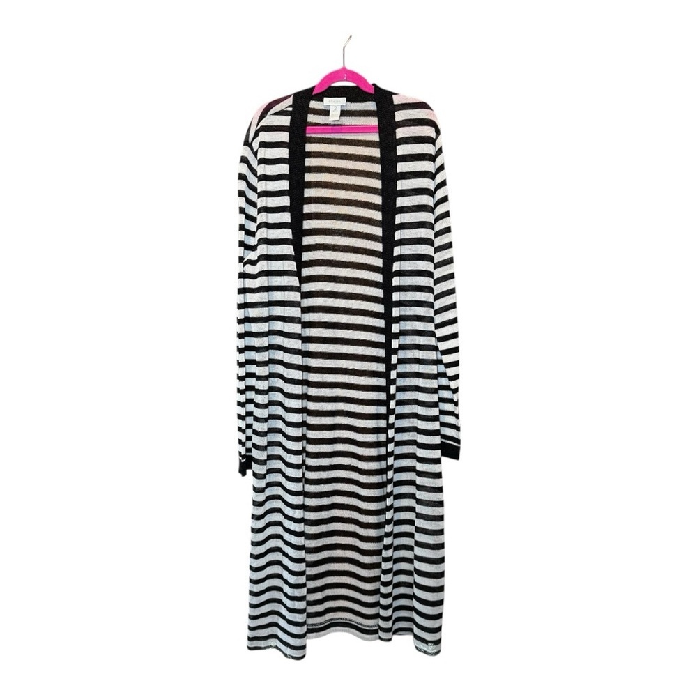 CHICO’S Striped Black and White Long Cardigan Size 2 - Picture 2 of 7